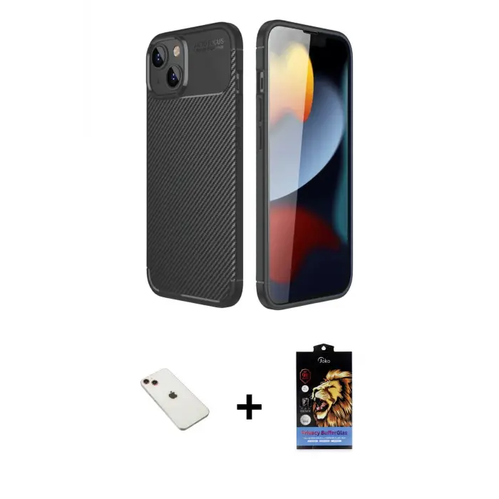 ieg™ iPhone 14 Kılıf Eksen Form Prime - Siyah Buffer Hayalet Cam Ekran Koruyucu + Diamond Kamera Lens - KI