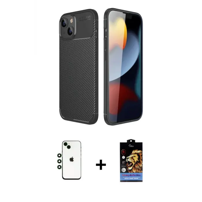 ieg™ iPhone 14 Kılıf Eksen Form Prime - Siyah Buffer Hayalet Cam Ekran Koruyucu + Shine Kamera Lens - YL