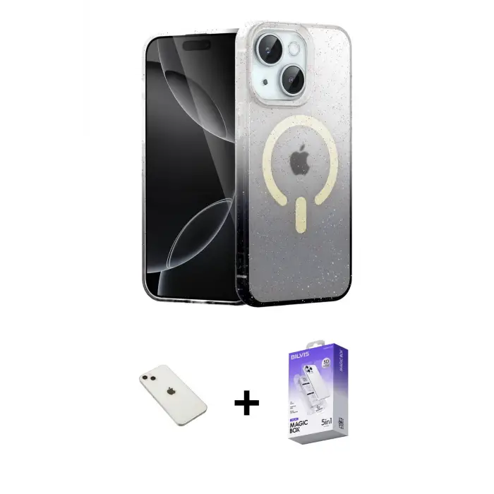 ieg™ iPhone 14 Kılıf Eksen Minimal Özel Seri - Siyah Bilvis 5in1 3D Magic Cam Ekran Koruyucu + Diamond Kamera Lens - PE