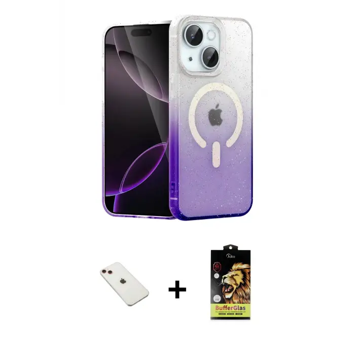 ieg™ iPhone 14 Kılıf Eksen Minimal Özel Seri - Siyah Buffer Cam Ekran Koruyucu + Diamond Kamera Lens - KI