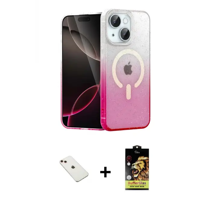 ieg™ iPhone 14 Kılıf Eksen Minimal Özel Seri - Siyah Buffer Cam Ekran Koruyucu + Diamond Kamera Lens - KI