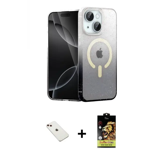 ieg™ iPhone 14 Kılıf Eksen Minimal Özel Seri - Siyah Buffer Cam Ekran Koruyucu + Diamond Kamera Lens - KI