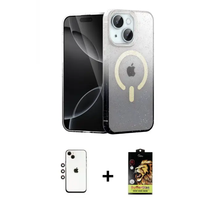 ieg™ iPhone 14 Kılıf Eksen Minimal Özel Seri - Siyah Buffer Cam Ekran Koruyucu + Shine Kamera Lens - GI