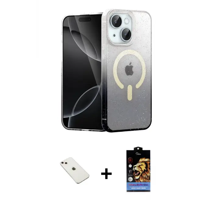 ieg™ iPhone 14 Kılıf Eksen Minimal Özel Seri - Siyah Buffer Hayalet Cam Ekran Koruyucu + Diamond Kamera Lens - PE