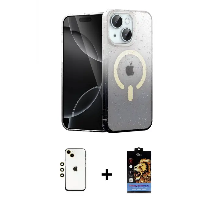 ieg™ iPhone 14 Kılıf Eksen Minimal Özel Seri - Siyah Buffer Hayalet Cam Ekran Koruyucu + Shine Kamera Lens - GD