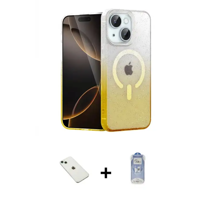 ieg™ iPhone 14 Kılıf Eksen Minimal Özel Seri - Siyah Joko Magic 5D Cam + Diamond Kamera Lens - YL