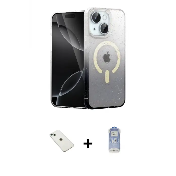 ieg™ iPhone 14 Kılıf Eksen Minimal Özel Seri - Siyah Joko Magic 5D Cam + Diamond Kamera Lens - YL
