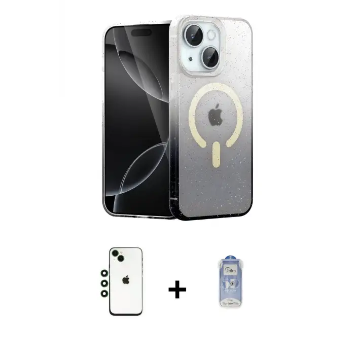ieg™ iPhone 14 Kılıf Eksen Minimal Özel Seri - Siyah Joko Magic 5D Cam + Shine Kamera Lens - YL