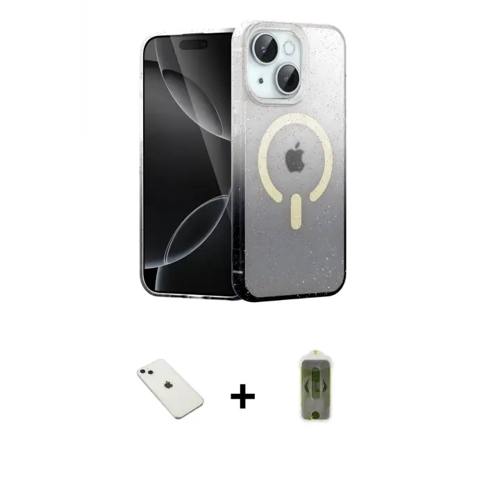 ieg™ iPhone 14 Kılıf Eksen Minimal Özel Seri - Siyah Joko Magic 5D Hayalet Cam + Diamond Kamera Lens - SABE