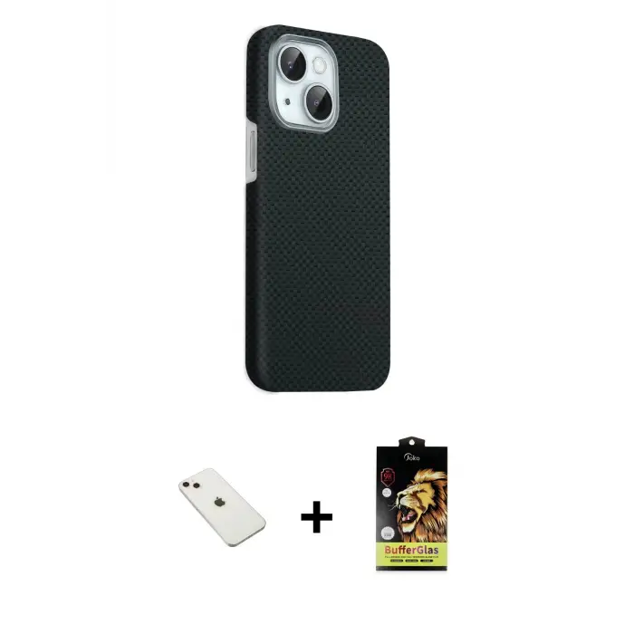 ieg™ iPhone 14 Kılıf Kozmos Klasik Prime - Siyah Buffer Cam Ekran Koruyucu + Diamond Kamera Lens - PE