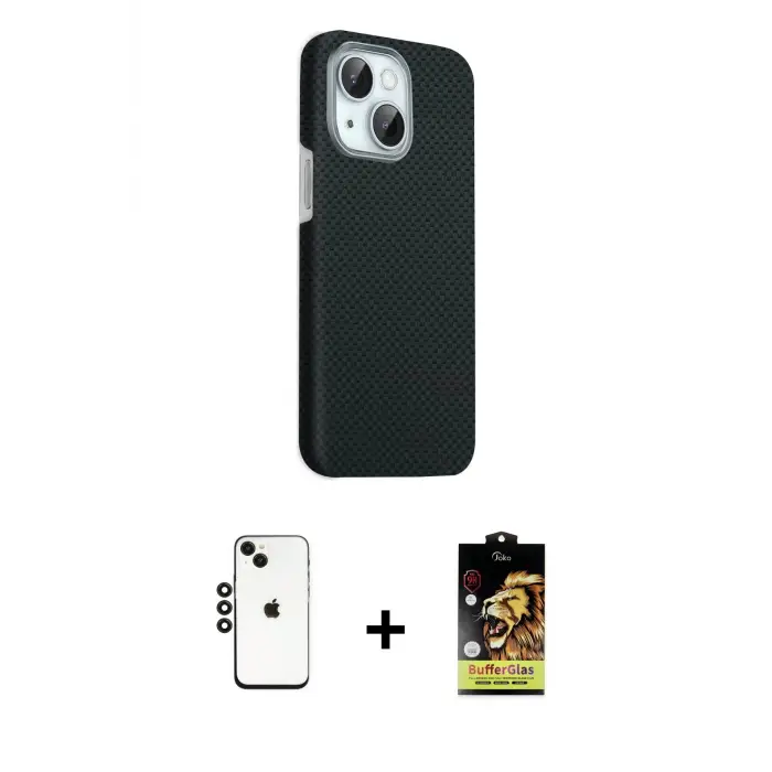 ieg™ iPhone 14 Kılıf Kozmos Klasik Prime - Siyah Buffer Cam Ekran Koruyucu + Shine Kamera Lens - SH