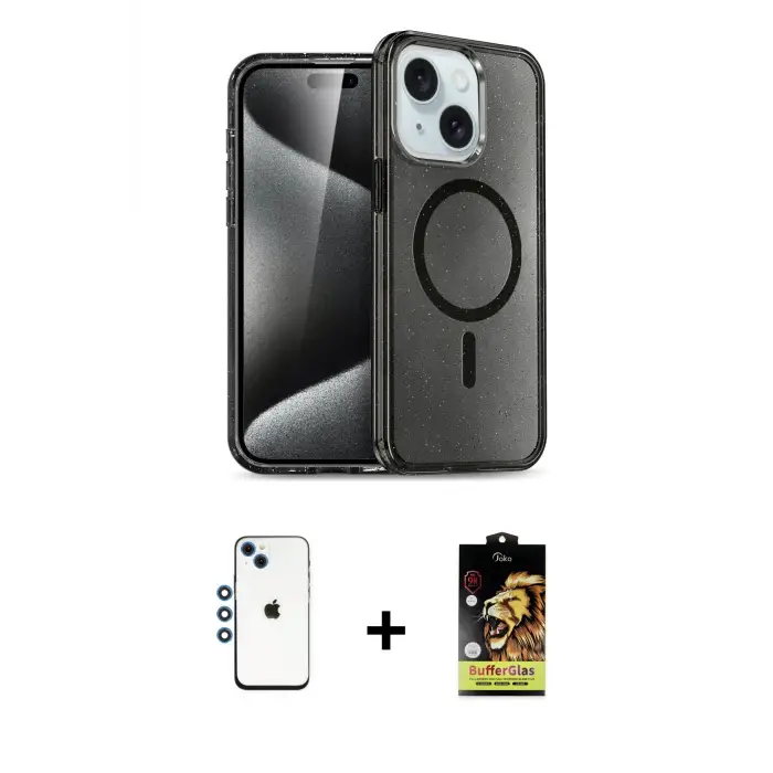 ieg™ iPhone 14 Kılıf Nova Asil Prime - Siyah Buffer Cam Ekran Koruyucu + Shine Kamera Lens - MI