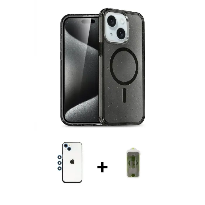 ieg™ iPhone 14 Kılıf Nova Asil Prime - Siyah Joko Magic 5D Hayalet Cam + Shine Kamera Lens - MI