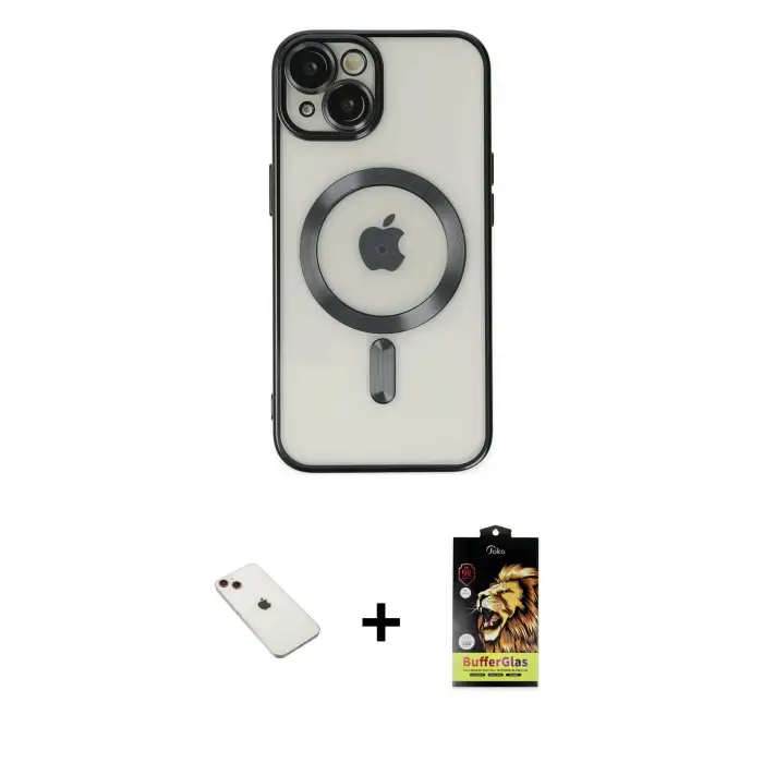 ieg™ iPhone 14 Kılıf Nova Işık Özel Seri - Siyah Buffer Cam Ekran Koruyucu + Diamond Kamera Lens - KI