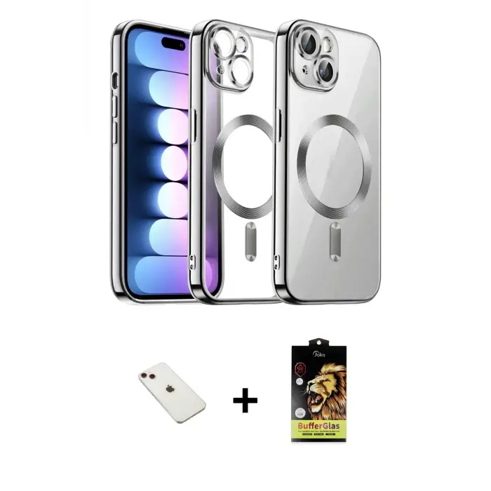 ieg™ iPhone 14 Kılıf Nova Işık Özel Seri - Siyah Buffer Cam Ekran Koruyucu + Diamond Kamera Lens - KI