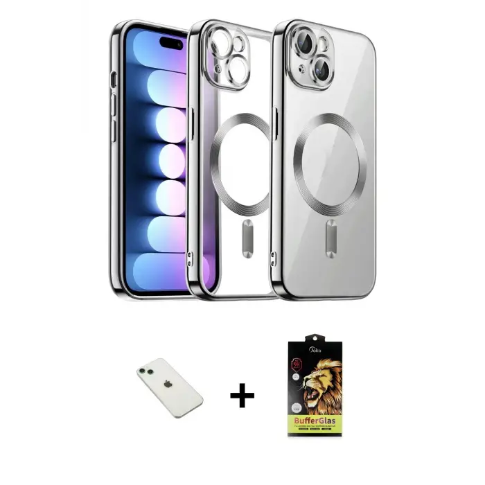 ieg™ iPhone 14 Kılıf Nova Işık Özel Seri - Siyah Buffer Cam Ekran Koruyucu + Diamond Kamera Lens - YL