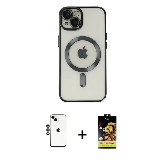 ieg™ iPhone 14 Kılıf Nova Işık Özel Seri - Siyah Buffer Cam Ekran Koruyucu + Shine Kamera Lens - SH