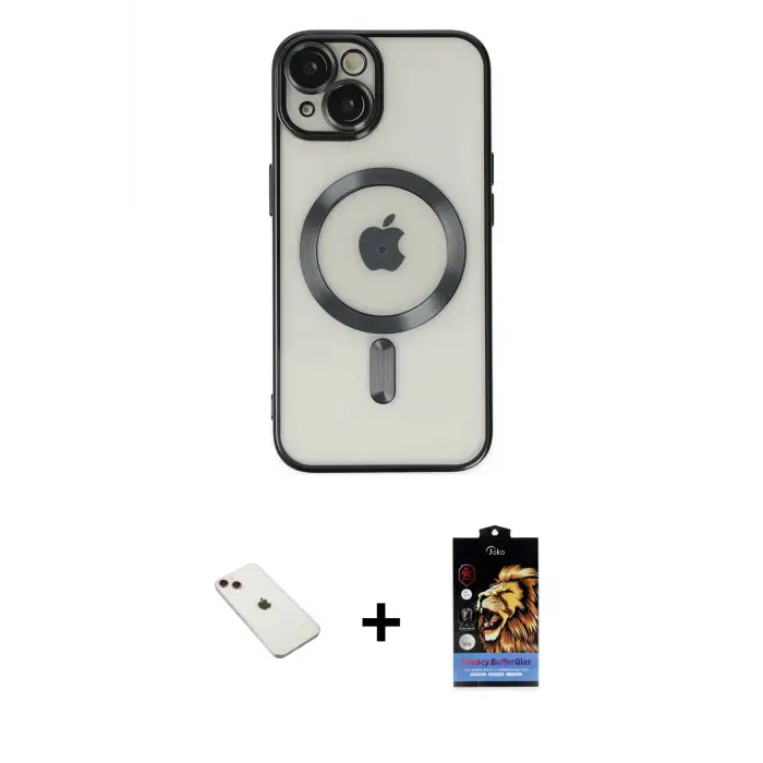ieg™ iPhone 14 Kılıf Nova Işık Özel Seri - Siyah Buffer Hayalet Cam Ekran Koruyucu + Diamond Kamera Lens - KI