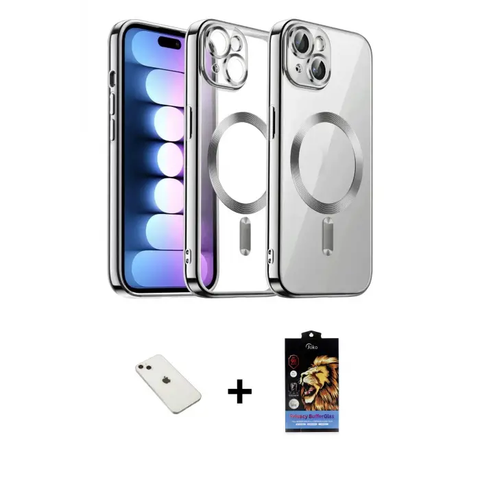ieg™ iPhone 14 Kılıf Nova Işık Özel Seri - Siyah Buffer Hayalet Cam Ekran Koruyucu + Diamond Kamera Lens - PE