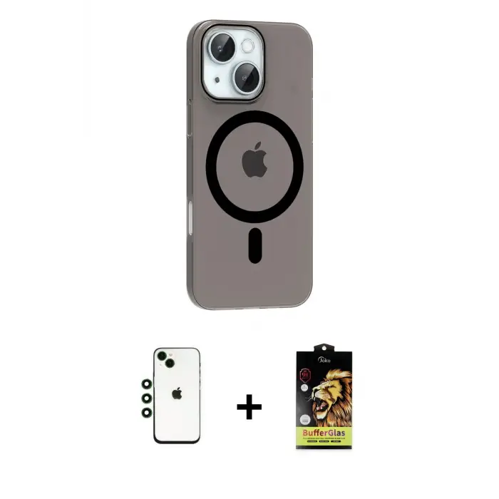 ieg™ iPhone 14 Kılıf Pusula Form Özel Seri - Siyah Buffer Cam Ekran Koruyucu + Shine Kamera Lens - YL