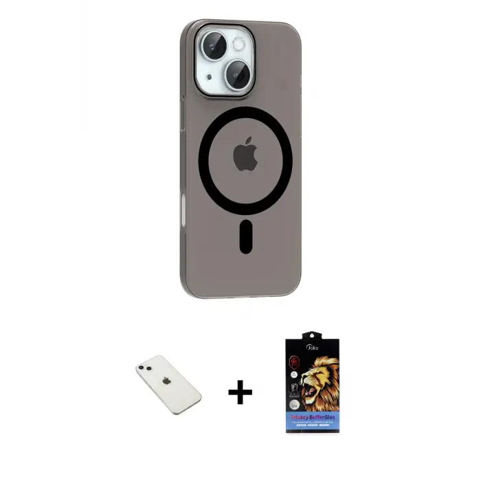ieg™ iPhone 14 Kılıf Pusula Form Özel Seri - Siyah Buffer Hayalet Cam Ekran Koruyucu + Diamond Kamera Lens - SABE