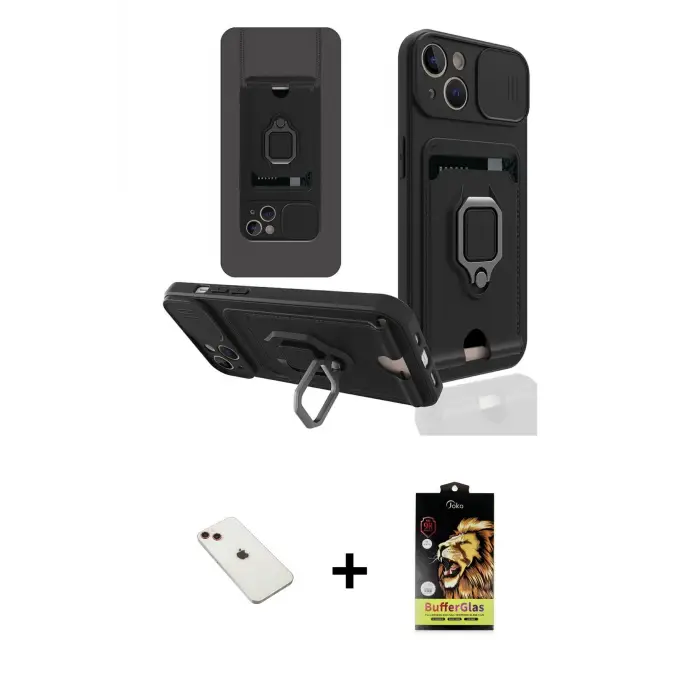 ieg™ iPhone 14 Kılıf Vadi Form Prime - Siyah Buffer Cam Ekran Koruyucu + Diamond Kamera Lens - KI