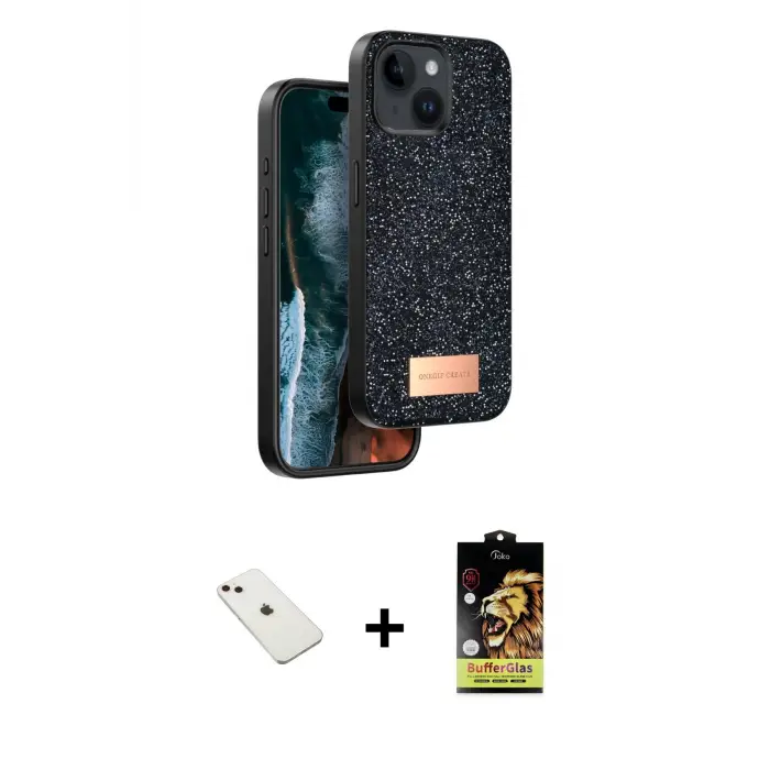 ieg™ iPhone 14 Kılıf Vadi Klasik Serisi - Siyah Buffer Cam Ekran Koruyucu + Diamond Kamera Lens - PE