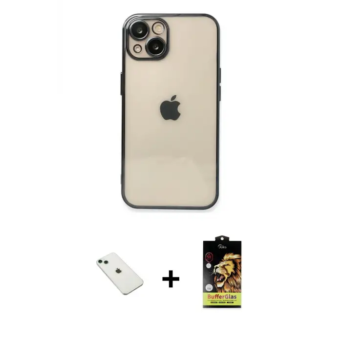 ieg™ iPhone 14 Kılıf Vadi Minimal - Siyah Buffer Cam Ekran Koruyucu + Diamond Kamera Lens - YL