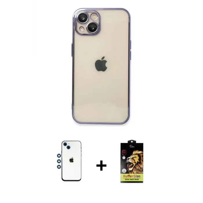 ieg™ iPhone 14 Kılıf Vadi Minimal - Siyah Buffer Cam Ekran Koruyucu + Shine Kamera Lens - MI
