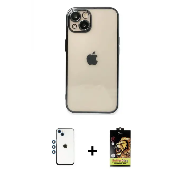 ieg™ iPhone 14 Kılıf Vadi Minimal - Siyah Buffer Cam Ekran Koruyucu + Shine Kamera Lens - MI