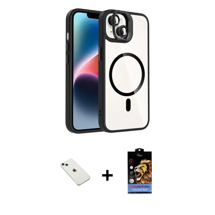 ieg™ iPhone 14 Kılıf Yadigar Asil Koleksiyonu - Siyah Buffer Hayalet Cam Ekran Koruyucu + Diamond Kamera Lens - YL