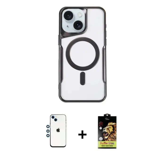 ieg™ iPhone 14 Kılıf Yadigar Klasik Özel Seri - Siyah Buffer Cam Ekran Koruyucu + Shine Kamera Lens - MI