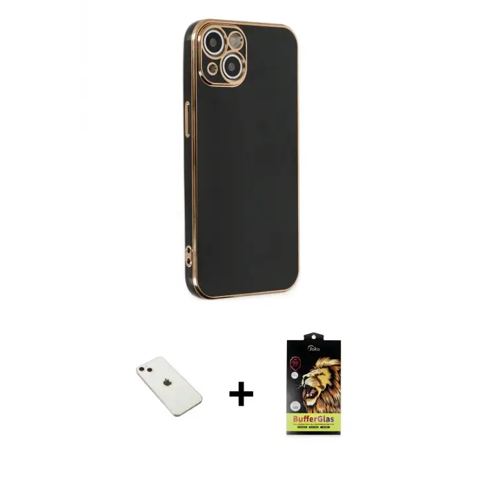 ieg™ iPhone 14 Kılıf Yankı Serisi - Siyah Buffer Cam Ekran Koruyucu + Diamond Kamera Lens - PE