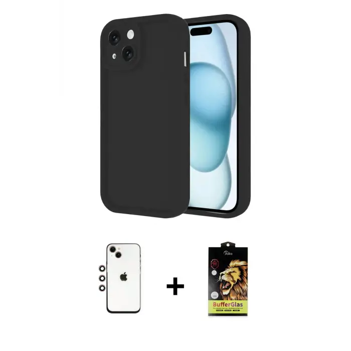 ieg™ iPhone 14 Kılıf Yankı Yansıma Özel Seri - Siyah Buffer Cam Ekran Koruyucu + Shine Kamera Lens - GI