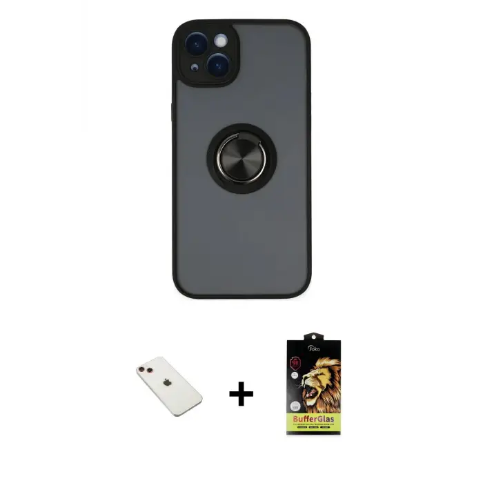 ieg™ iPhone 14 Kılıf Yörünge Çizgi - Siyah Buffer Cam Ekran Koruyucu + Diamond Kamera Lens - KI