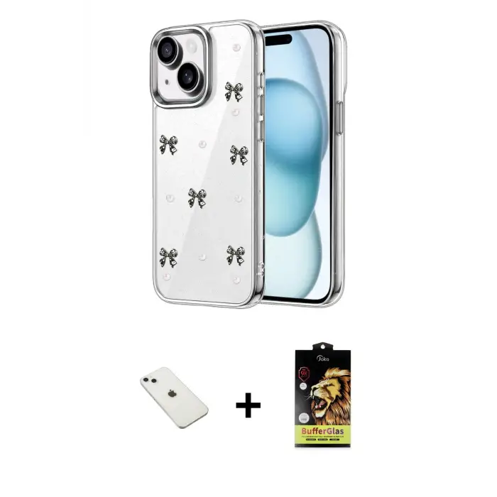 ieg™ iPhone 14 Kılıf Yörünge Form - Siyah Buffer Cam Ekran Koruyucu + Diamond Kamera Lens - SABE