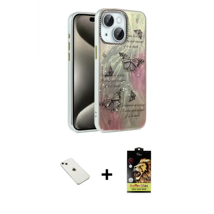 ieg™ iPhone 14 Kılıf Zirve Modern Prime - Siyah Buffer Cam Ekran Koruyucu + Diamond Kamera Lens - PE