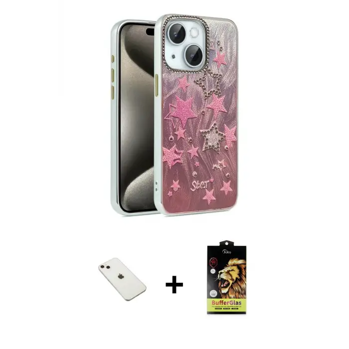 ieg™ iPhone 14 Kılıf Zirve Modern Prime - Siyah Buffer Cam Ekran Koruyucu + Diamond Kamera Lens - PE