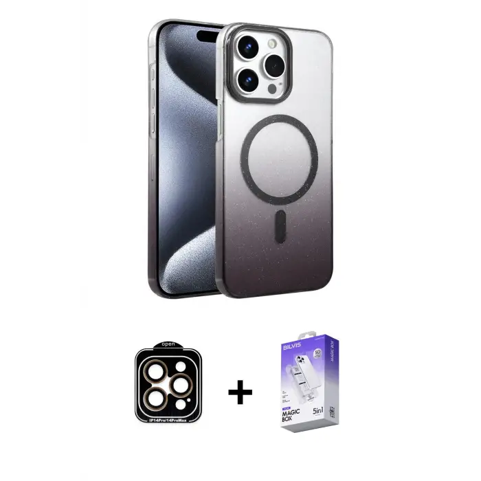 ieg™ iPhone 14 Pro Max Kılıf Ahenk Doku Özel Seri - Siyah Bilvis 5in1 3D Magic Cam Ekran Koruyucu + PVD Metal Kamera Lens - TU