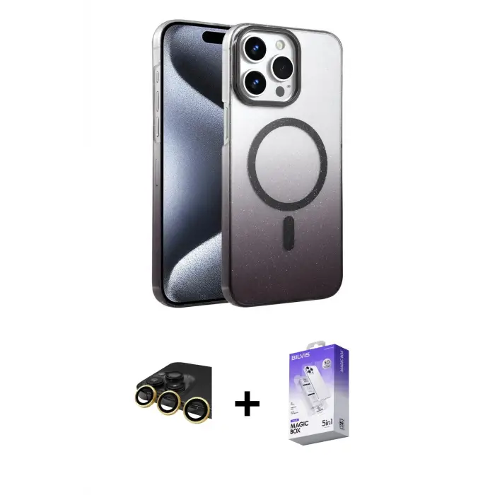 ieg™ iPhone 14 Pro Max Kılıf Ahenk Doku Özel Seri - Siyah Bilvis 5in1 3D Magic Cam Ekran Koruyucu + Raze Metal Kamera Lens - GD