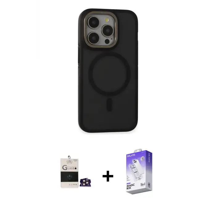 ieg™ iPhone 14 Pro Max Kılıf Ahenk Form Serisi - Siyah Bilvis 5in1 3D Magic Cam Ekran Koruyucu + Bilvis Titan Kamera Lens - GD