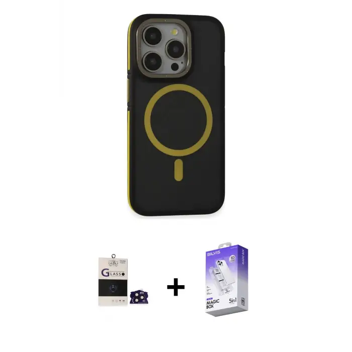 ieg™ iPhone 14 Pro Max Kılıf Ahenk Form Serisi - Siyah Bilvis 5in1 3D Magic Cam Ekran Koruyucu + Bilvis Titan Kamera Lens - DNMR