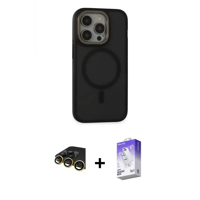 ieg™ iPhone 14 Pro Max Kılıf Ahenk Form Serisi - Siyah Bilvis 5in1 3D Magic Cam Ekran Koruyucu + Raze Metal Kamera Lens - GD