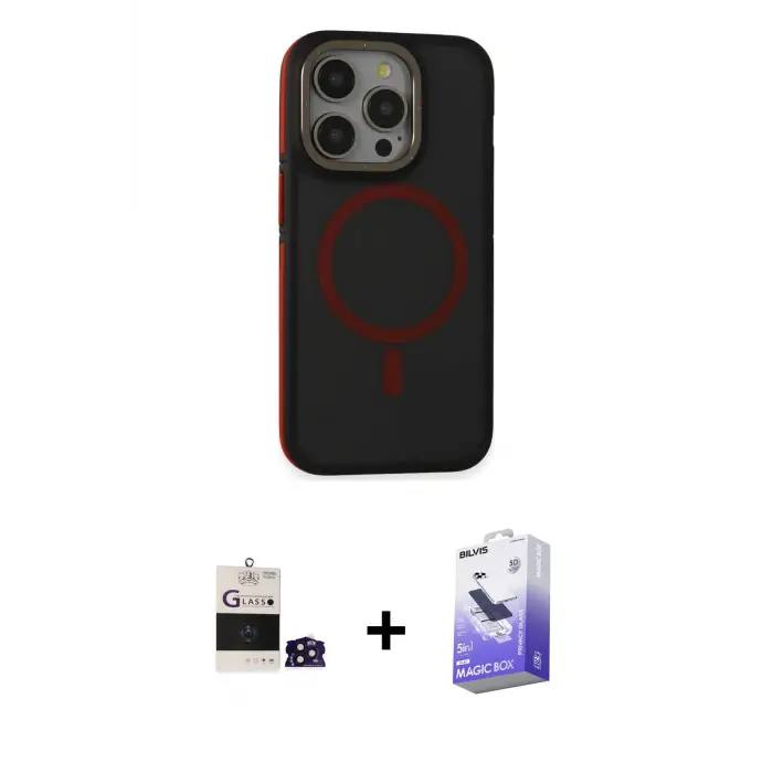 ieg™ iPhone 14 Pro Max Kılıf Ahenk Form Serisi - Siyah Bilvis 5in1 5D Magic Hayalet Cam Ekran Koruyucu + Bilvis Titan Kamera Lens - DNMR