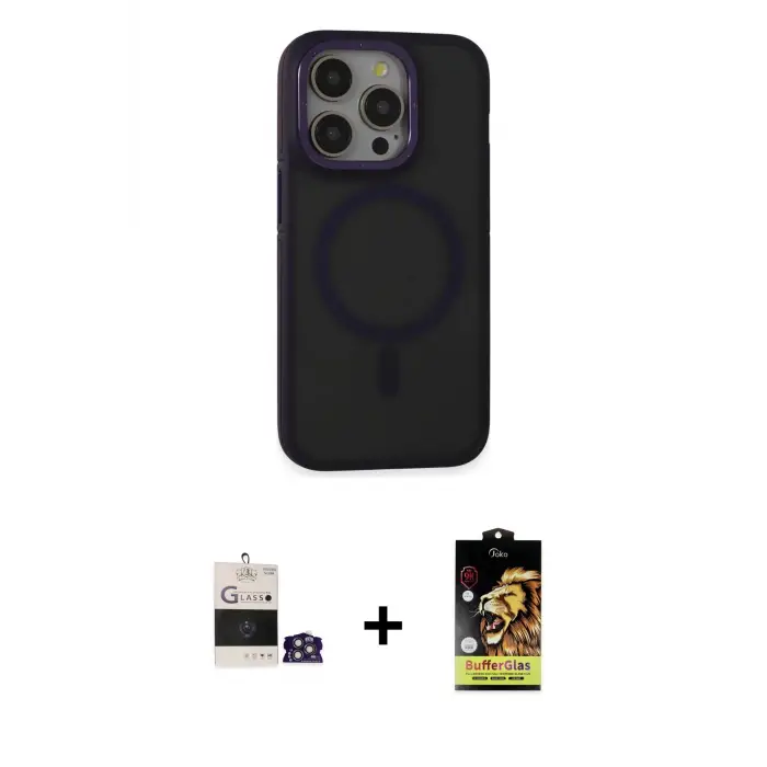 ieg™ iPhone 14 Pro Max Kılıf Ahenk Form Serisi - Siyah Buffer Cam Ekran Koruyucu + Bilvis Titan Kamera Lens - GS