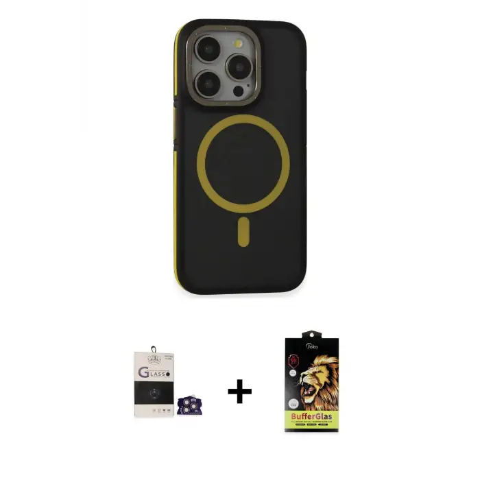 ieg™ iPhone 14 Pro Max Kılıf Ahenk Form Serisi - Siyah Buffer Cam Ekran Koruyucu + Bilvis Titan Kamera Lens - GS