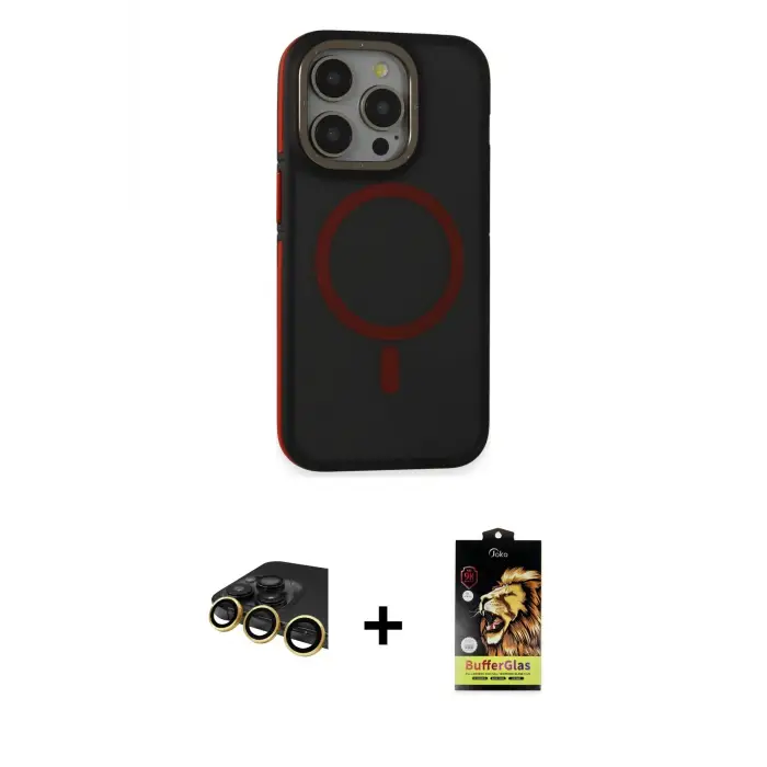 ieg™ iPhone 14 Pro Max Kılıf Ahenk Form Serisi - Siyah Buffer Cam Ekran Koruyucu + Raze Metal Kamera Lens - GD