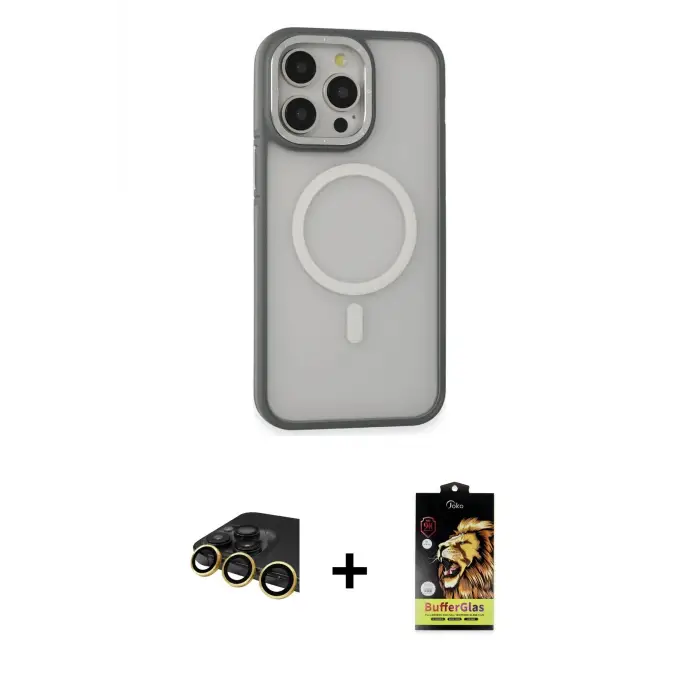 ieg™ iPhone 14 Pro Max Kılıf Ahenk Form Serisi - Siyah Buffer Cam Ekran Koruyucu + Raze Metal Kamera Lens - GD