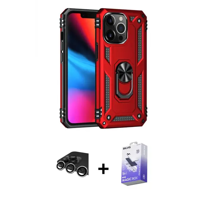 ieg™ iPhone 14 Pro Max Kılıf Ahenk Klasik Koleksiyonu - Siyah Bilvis 5in1 5D Magic Hayalet Cam Ekran Koruyucu + Raze Metal Kamera Lens - GS