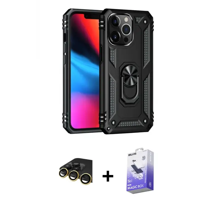 ieg™ iPhone 14 Pro Max Kılıf Ahenk Klasik Koleksiyonu - Siyah Bilvis 5in1 5D Magic Hayalet Cam Ekran Koruyucu + Raze Metal Kamera Lens - GD